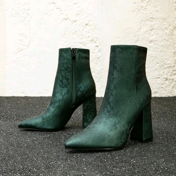 Print Side Zipper High Heel Short Boots For Women,Pointed Toe Chunky Heel Boots - Picture 3 of 6